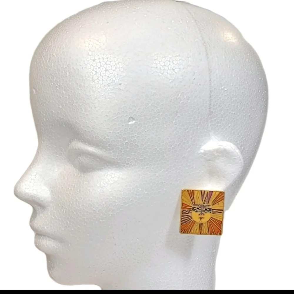 Vintage Laurel Burch "Sun Goddess" Square Cloisonne Gold Tone Statement Earrings - Picture 8 of 8